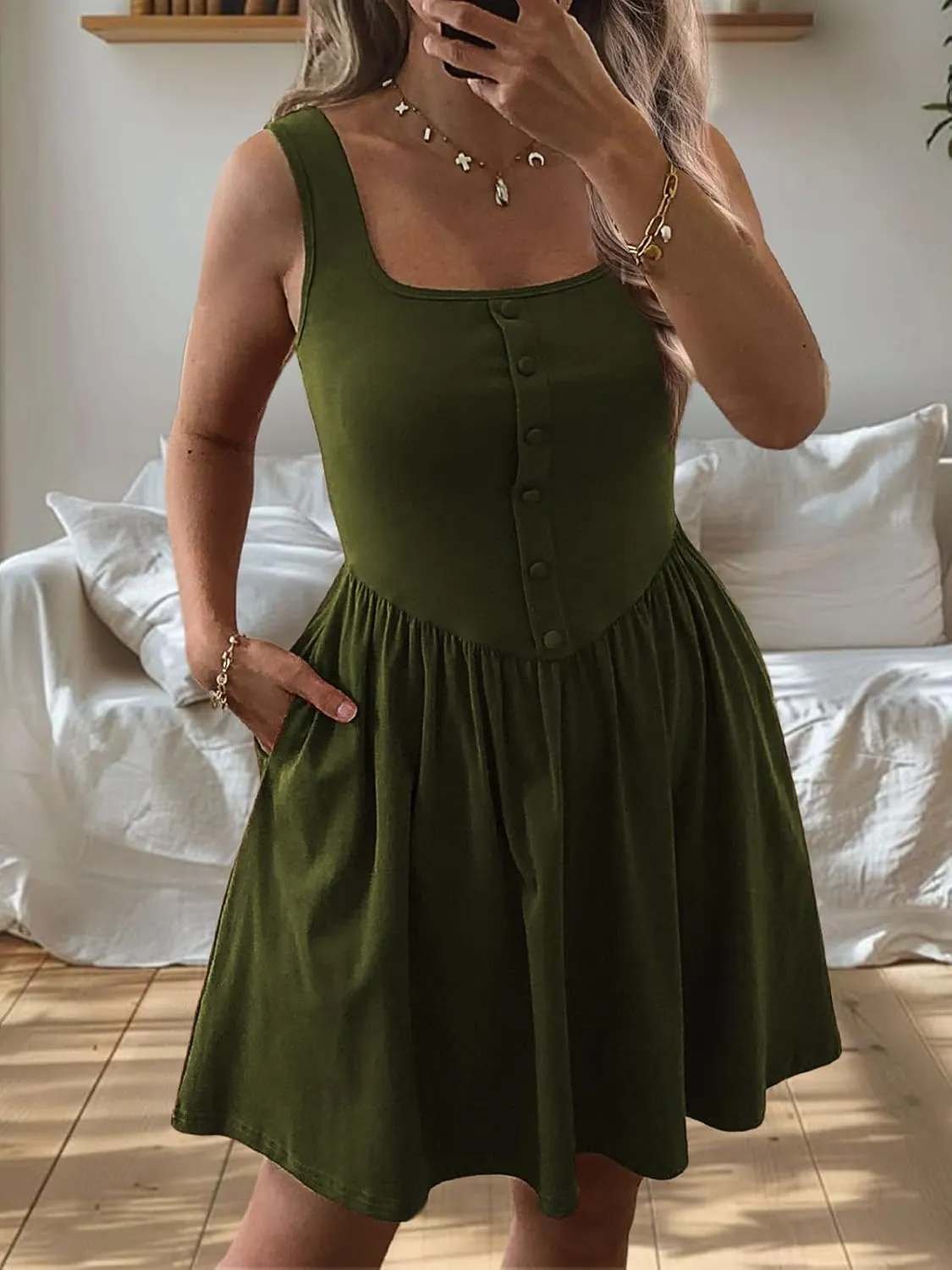Women's Sleeveless Button Down Casual Mini Dress with Pockets  Soft Summer Dress for Daily Wear