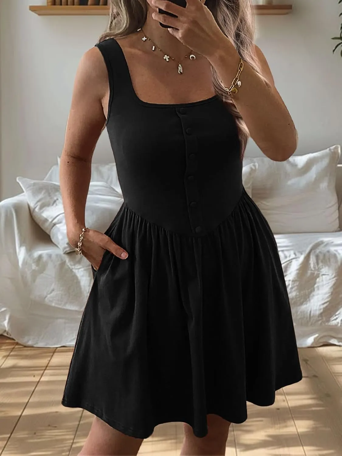 Women's Sleeveless Button Down Casual Mini Dress with Pockets  Soft Summer Dress for Daily Wear