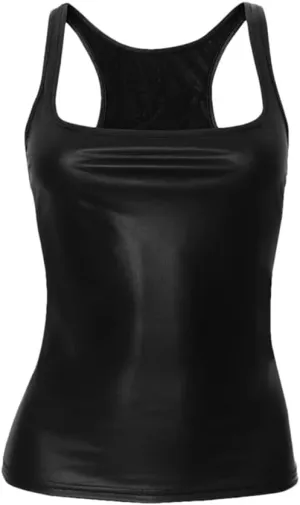 Women's Solid Color Casual Square Collar Pu Imitation Leather Y2k Slim Sleeveless Camisole