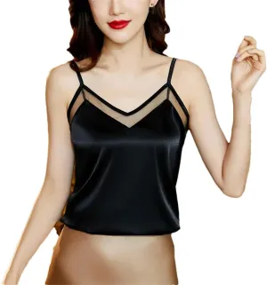 Women's Solid Color Casual V-Neck Hollow Double-Layer Satin Camisole Top
