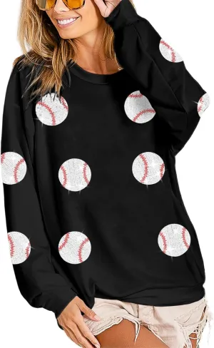 Womens Sparkle Baseball Sequin Sweatshirt Casual Long Sleeve Crewneck Pullover Loose Fit Shirt Tops
