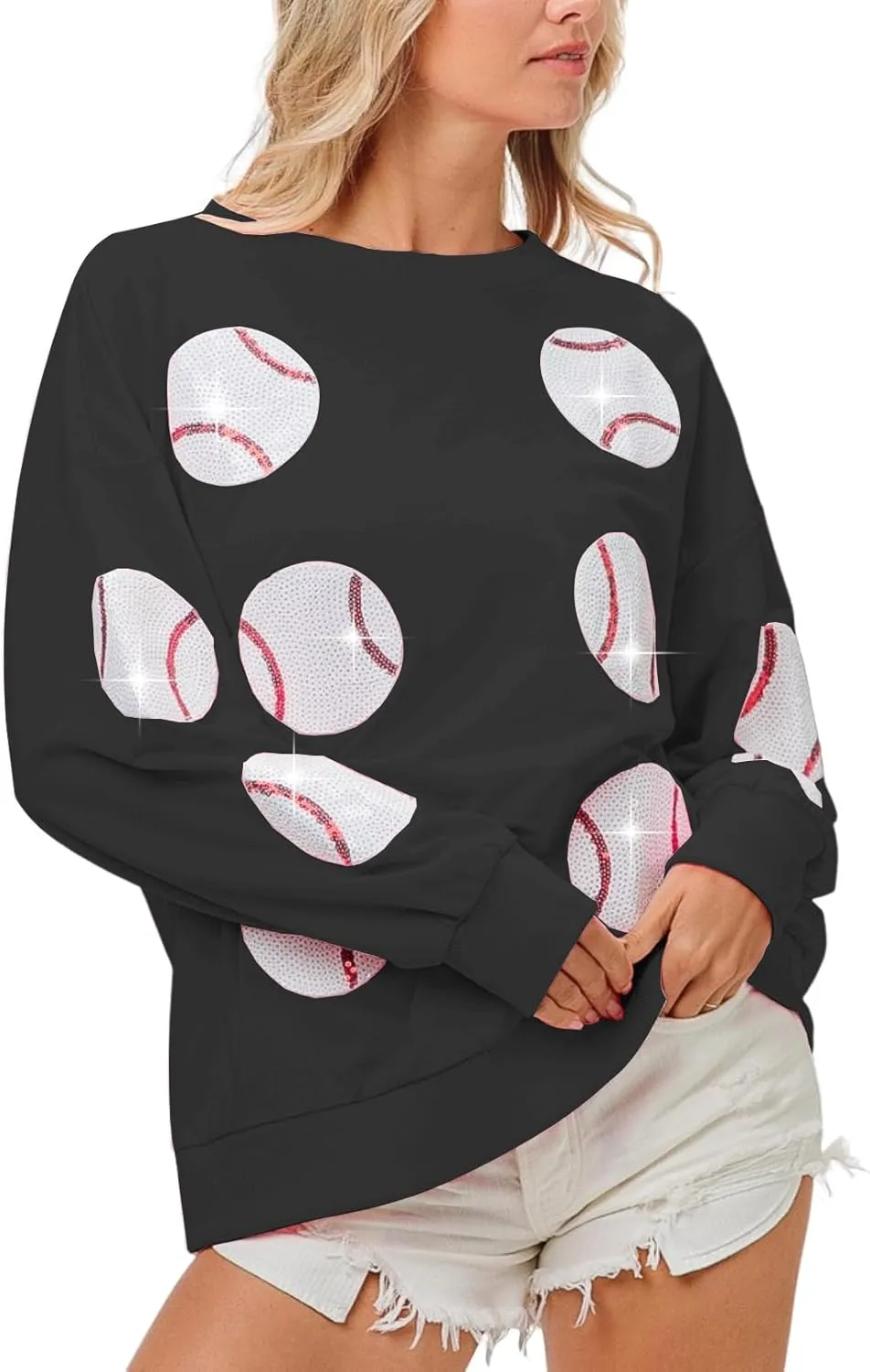 Womens Sparkle Baseball Sequin Sweatshirt Casual Long Sleeve Crewneck Pullover Loose Fit Shirt Tops