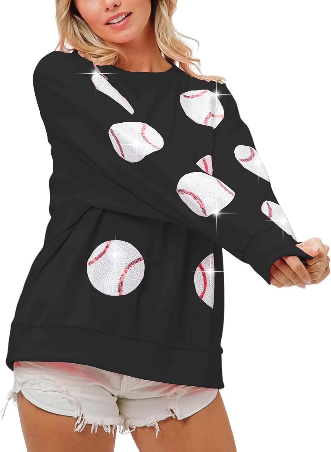 Womens Sparkle Baseball Sequin Sweatshirt Casual Long Sleeve Crewneck Pullover Loose Fit Shirt Tops