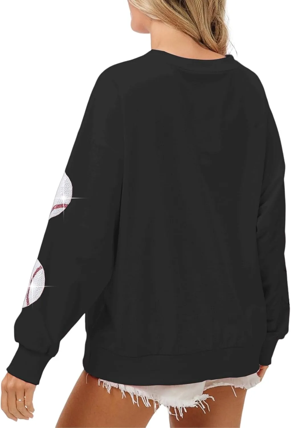 Womens Sparkle Baseball Sequin Sweatshirt Casual Long Sleeve Crewneck Pullover Loose Fit Shirt Tops