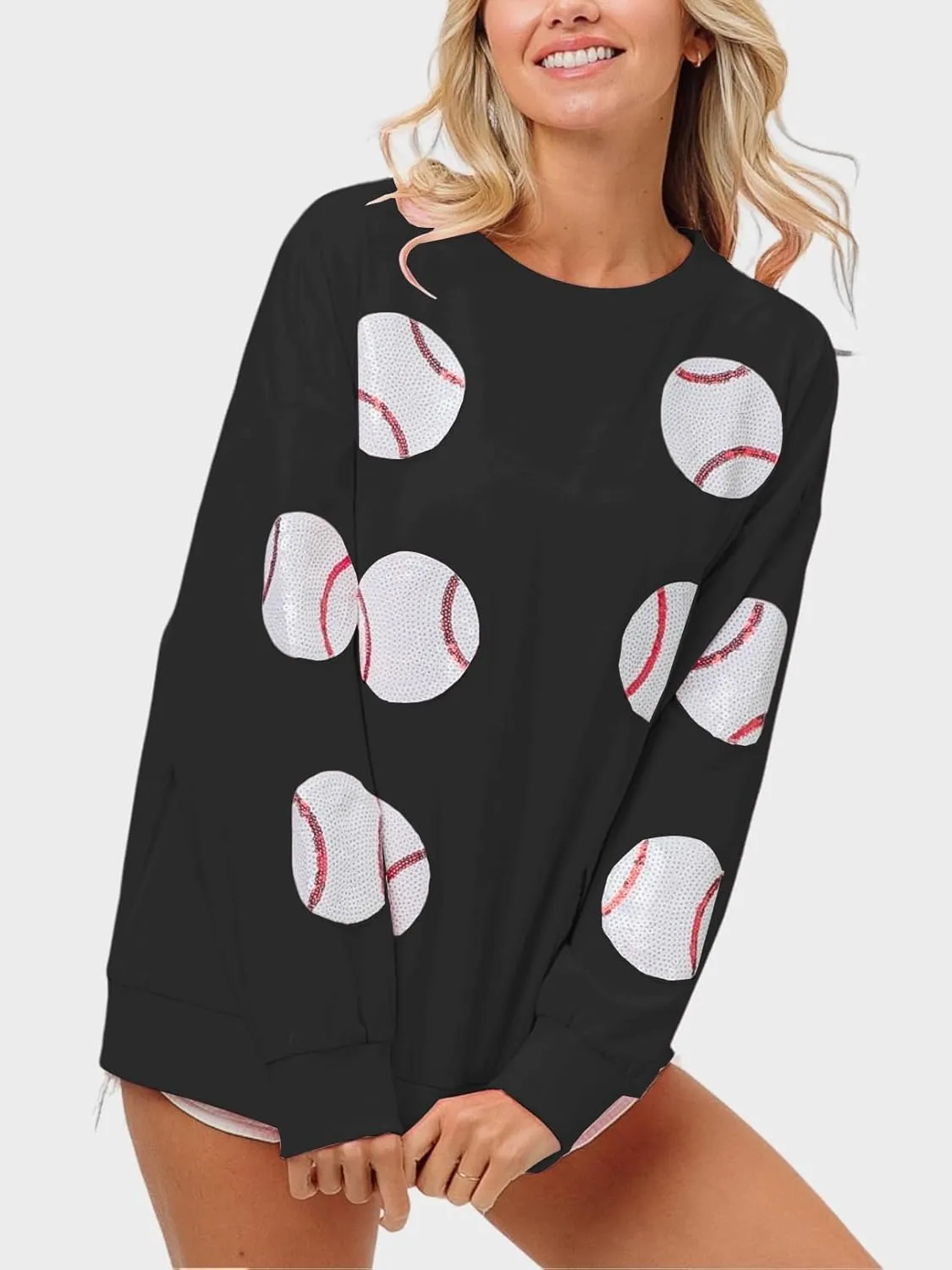 Womens Sparkle Baseball Sequin Sweatshirt Casual Long Sleeve Crewneck Pullover Loose Fit Shirt Tops