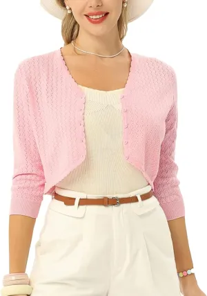 Womens Summer 3/4 Sleeve Bolero Shrug for Dress Open Front Scalloped Knit Cropped Cardigan Sweater Lightweight