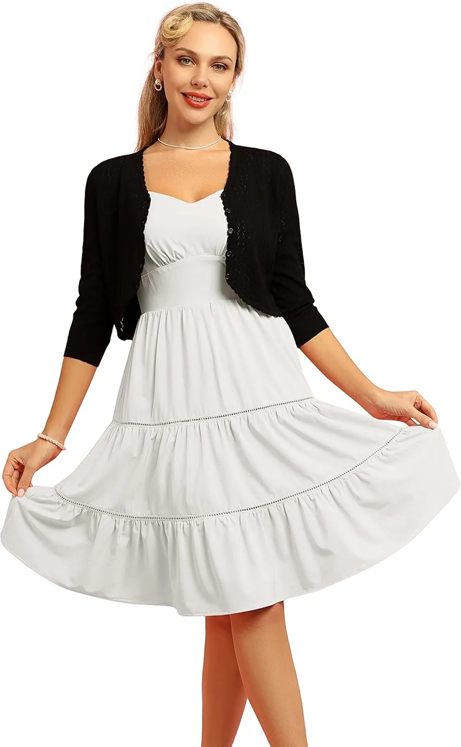 Womens Summer 3/4 Sleeve Bolero Shrug for Dress Open Front Scalloped Knit Cropped Cardigan Sweater Lightweight