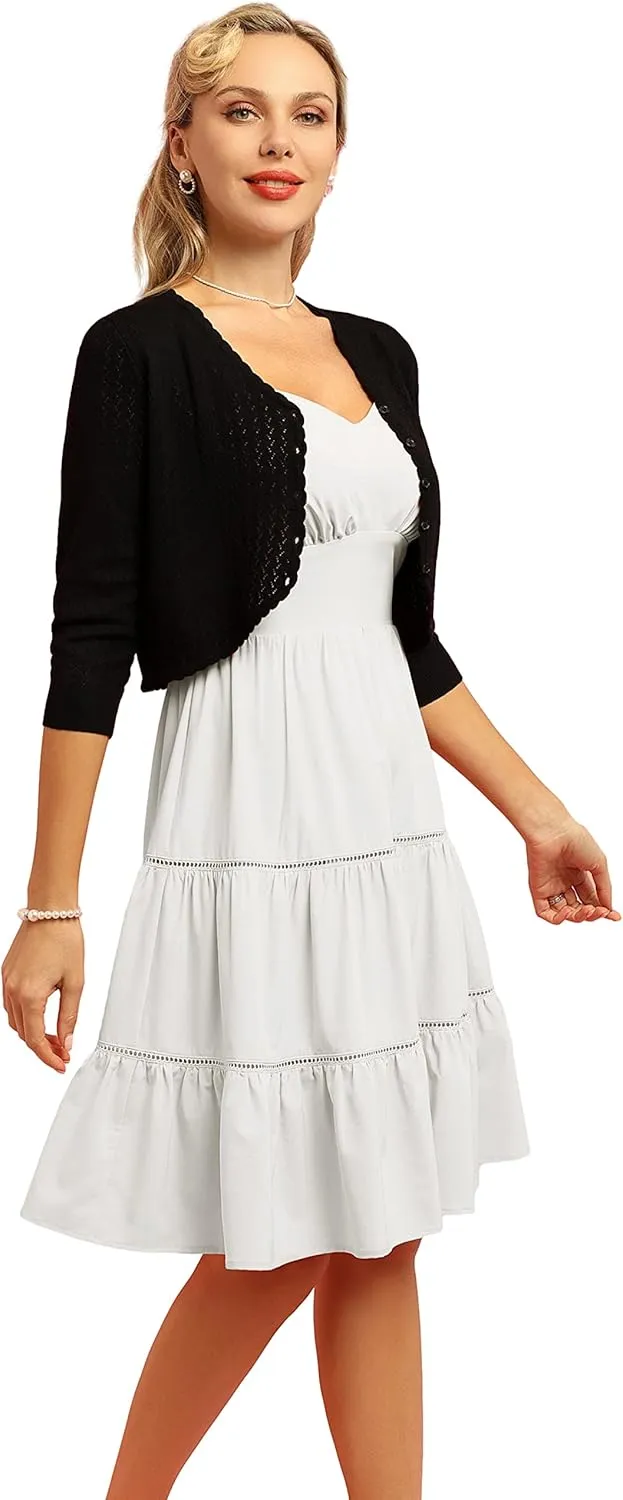 Womens Summer 3/4 Sleeve Bolero Shrug for Dress Open Front Scalloped Knit Cropped Cardigan Sweater Lightweight