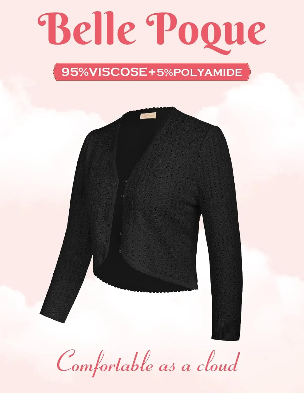 Womens Summer 3/4 Sleeve Bolero Shrug for Dress Open Front Scalloped Knit Cropped Cardigan Sweater Lightweight