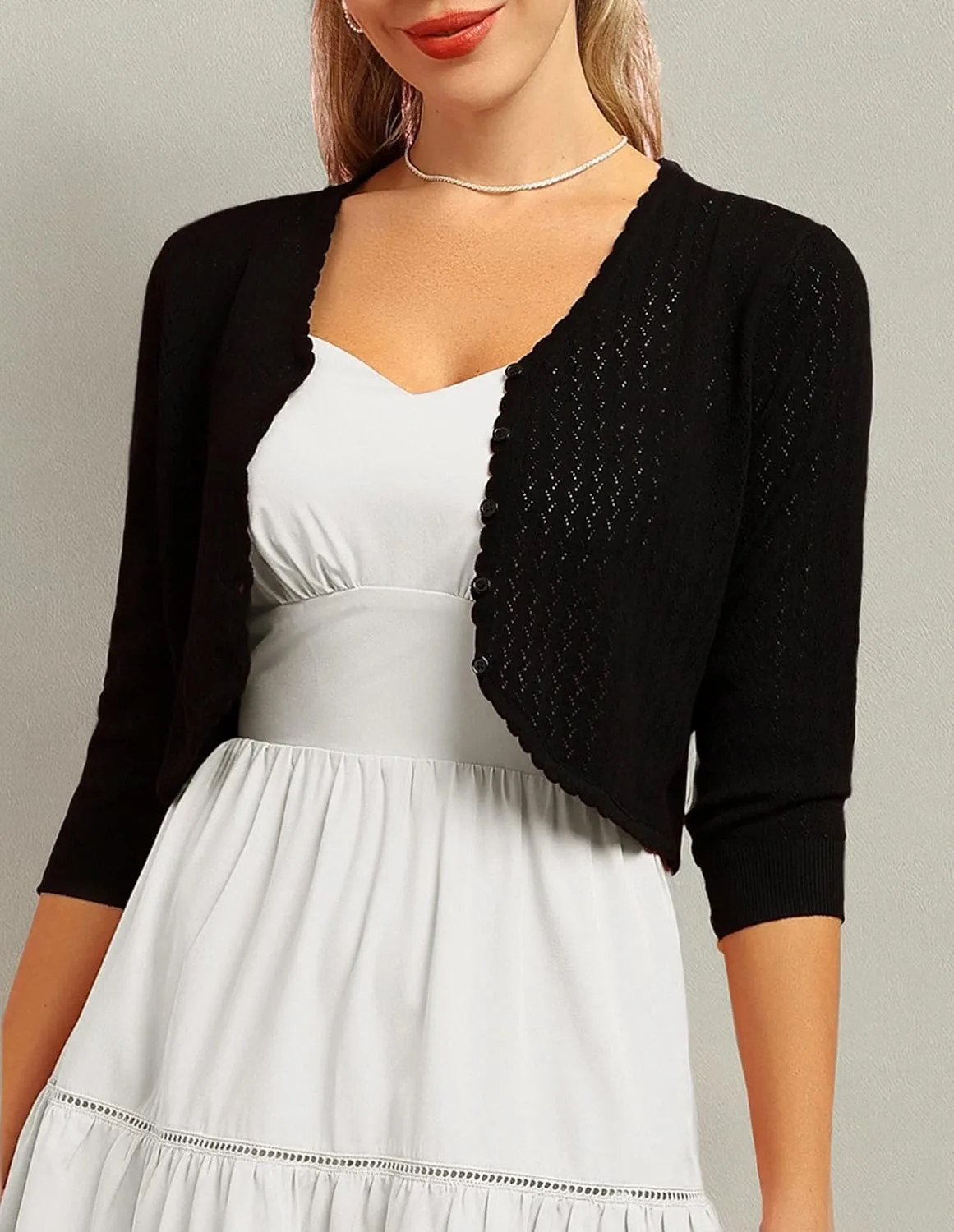 Womens Summer 3/4 Sleeve Bolero Shrug for Dress Open Front Scalloped Knit Cropped Cardigan Sweater Lightweight