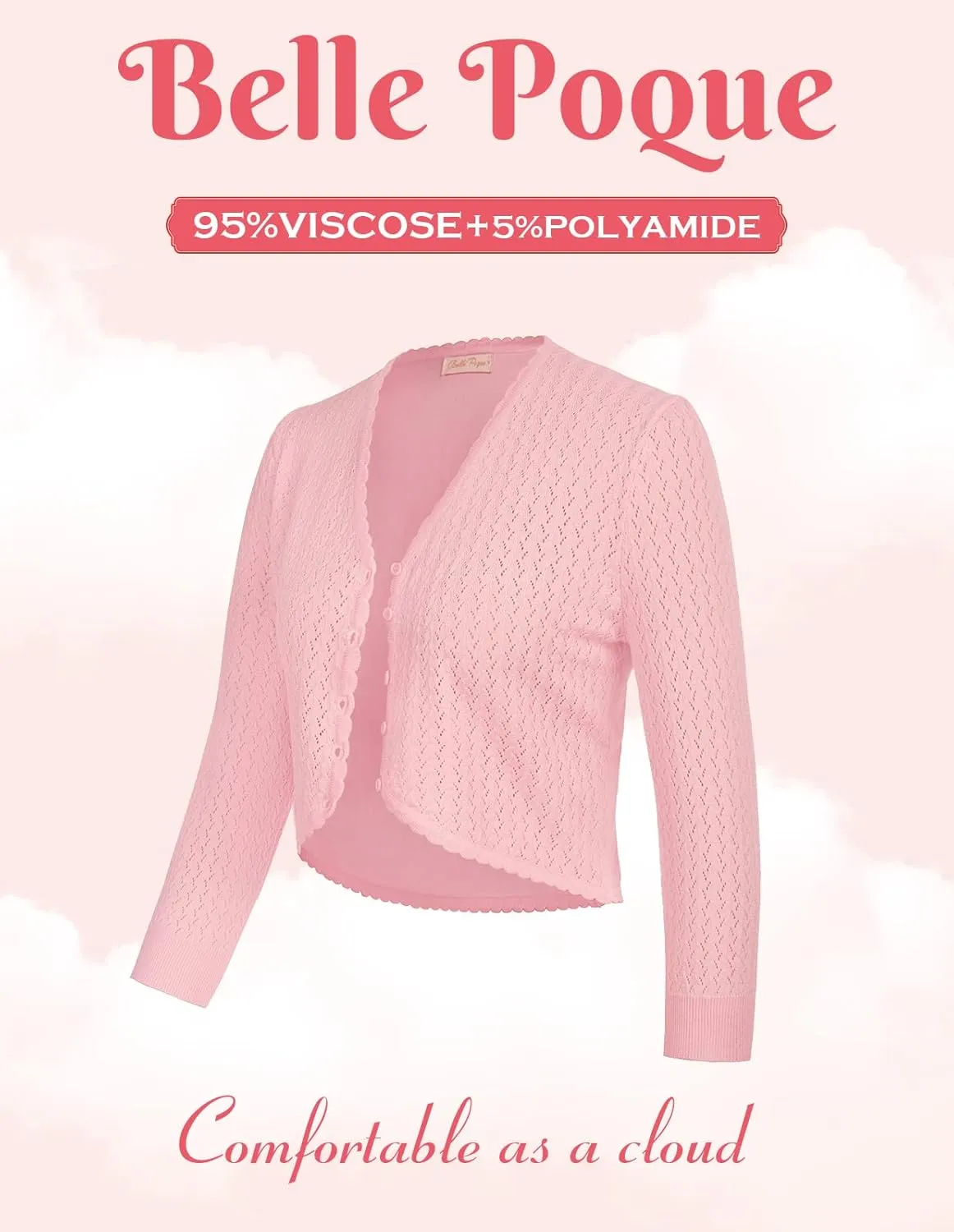 Womens Summer 3/4 Sleeve Bolero Shrug for Dress Open Front Scalloped Knit Cropped Cardigan Sweater Lightweight