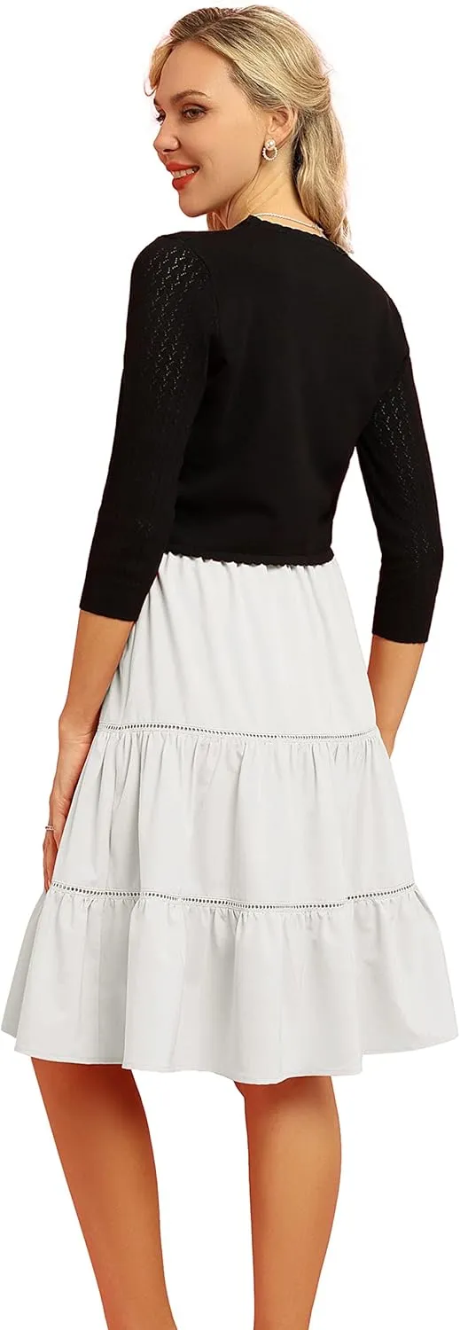 Womens Summer 3/4 Sleeve Bolero Shrug for Dress Open Front Scalloped Knit Cropped Cardigan Sweater Lightweight