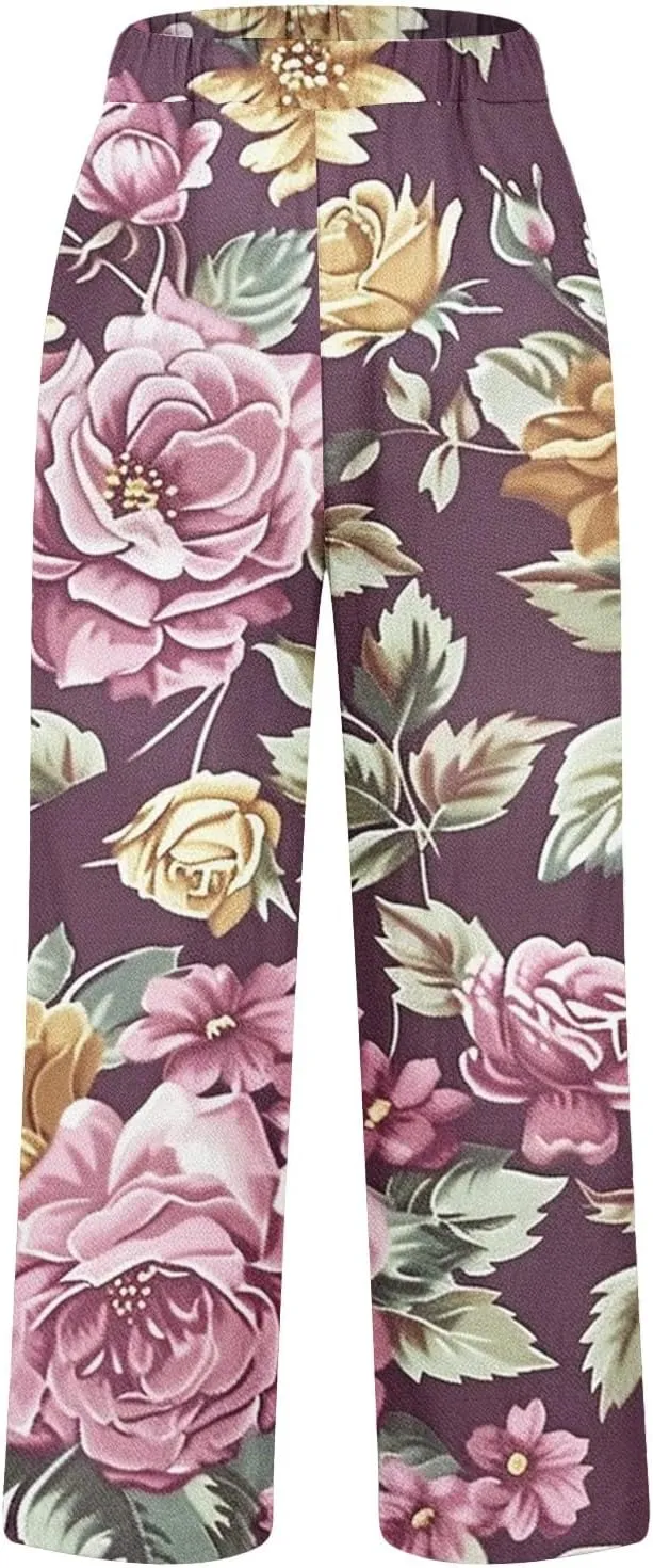 Womens Summer Casual Pants Boho Floral Elastic Waist Straight Leg Trousers Loose Comfy Linen Beach Pants with Pockets