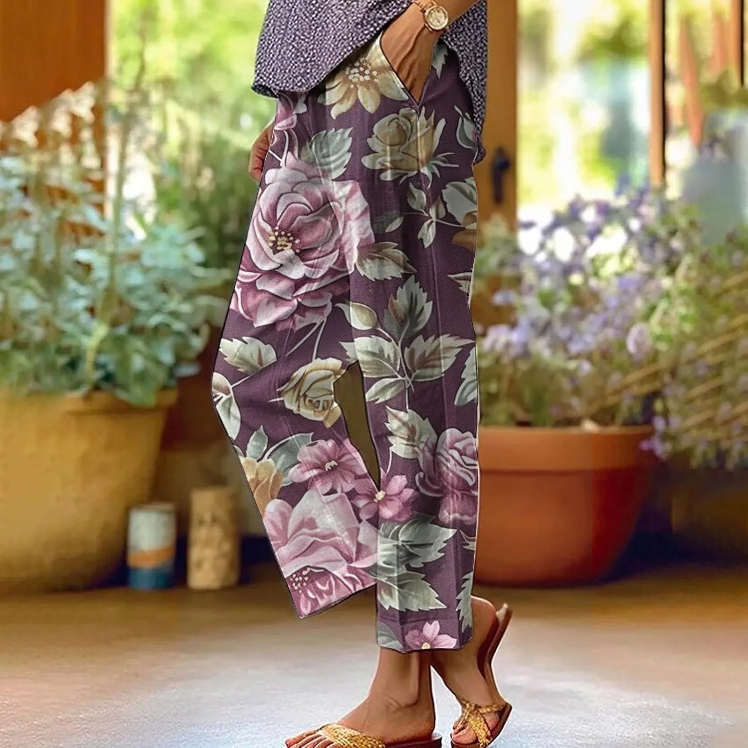 Womens Summer Casual Pants Boho Floral Elastic Waist Straight Leg Trousers Loose Comfy Linen Beach Pants with Pockets