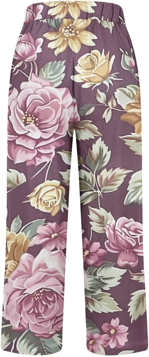 Womens Summer Casual Pants Boho Floral Elastic Waist Straight Leg Trousers Loose Comfy Linen Beach Pants with Pockets