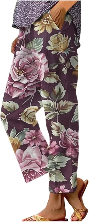 Womens Summer Casual Pants Boho Floral Elastic Waist Straight Leg Trousers Loose Comfy Linen Beach Pants with Pockets
