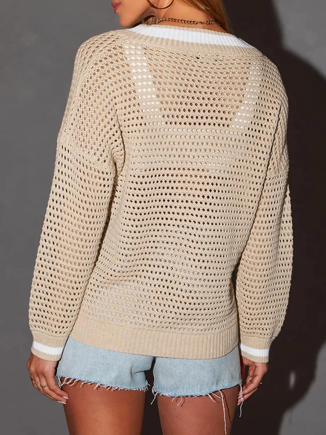 Womens Varsity V Neck Long Sleeve Tennis Sweater Casual Crochet Hollow Out Knit Tops Pullover Shirts Beach Coverup