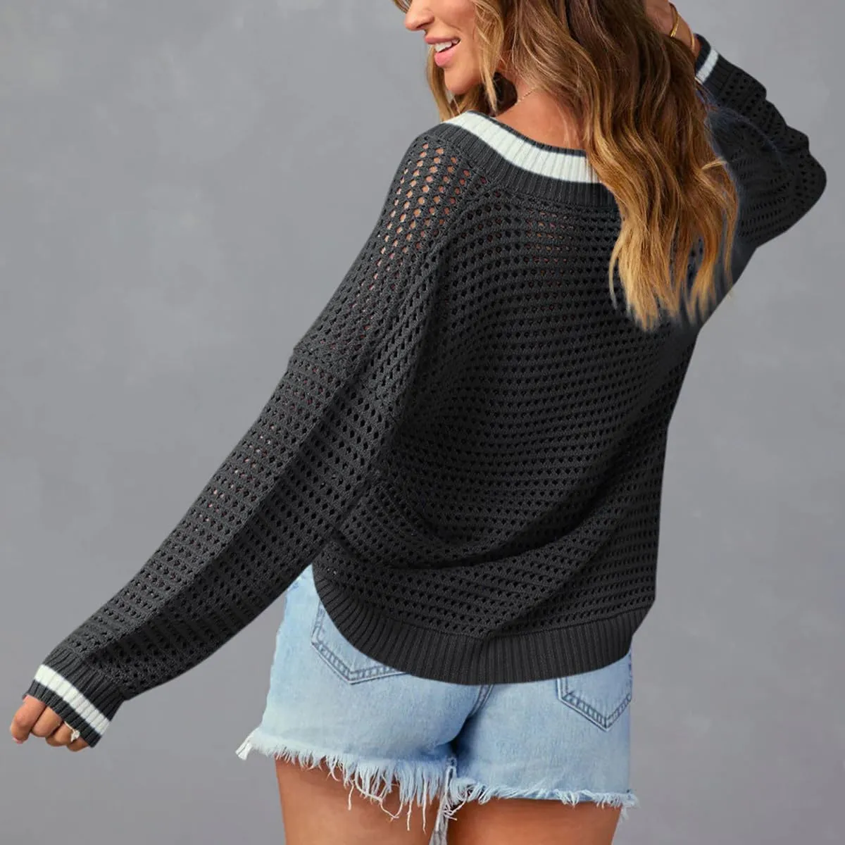 Womens Varsity V Neck Long Sleeve Tennis Sweater Casual Crochet Hollow Out Knit Tops Pullover Shirts Beach Coverup