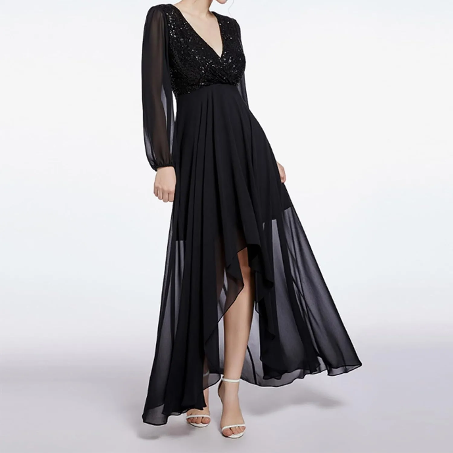 Women's Wedding Bridesmaid Sparkly Maxi Gown, Elegant Formal Long Sleeve V-Neck Chiffon Evening Dress Flowy Dresses
