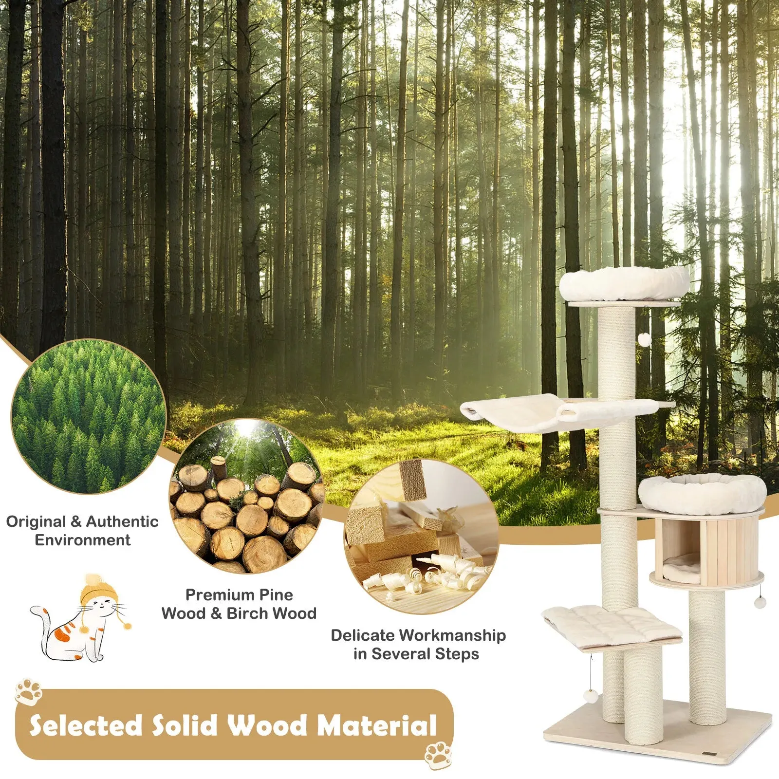 Wooden Cat Tree Scratching Post Scratcher Tower Condo House Cat Climb Furniture
