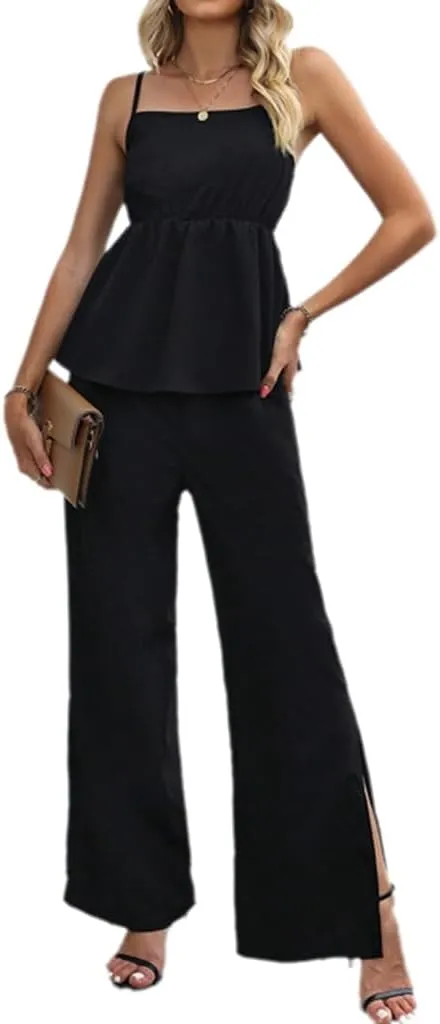 Wuitrie Two Piece Pants Set Solid Colour Sleeveless Camisole Top Split Trousers 2025 Summer Casual Loose Suit