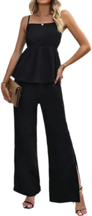 Wuitrie Two Piece Pants Set Solid Colour Sleeveless Camisole Top Split Trousers 2025 Summer Casual Loose Suit