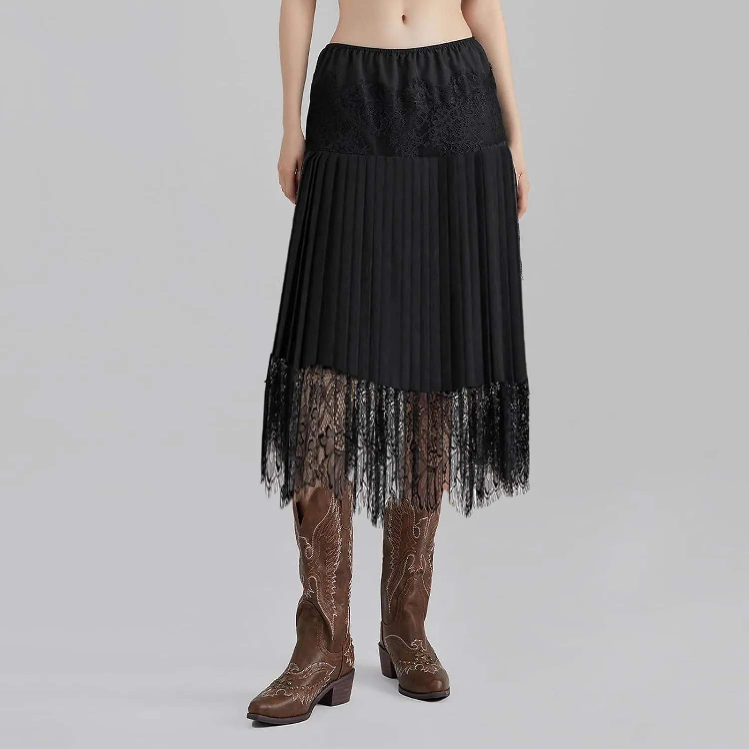 WZTYYDS Women Summer Pleated Skirt Casual Floral Lace Elastic A-Line Midi Skirt for Beach Vacation Club Streetwear