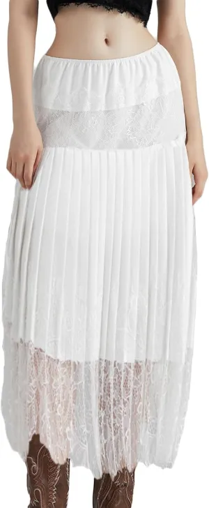 WZTYYDS Women Summer Pleated Skirt Casual Floral Lace Elastic A-Line Midi Skirt for Beach Vacation Club Streetwear
