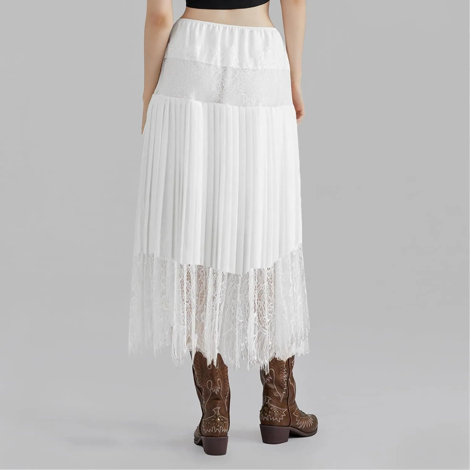 WZTYYDS Women Summer Pleated Skirt Casual Floral Lace Elastic A-Line Midi Skirt for Beach Vacation Club Streetwear
