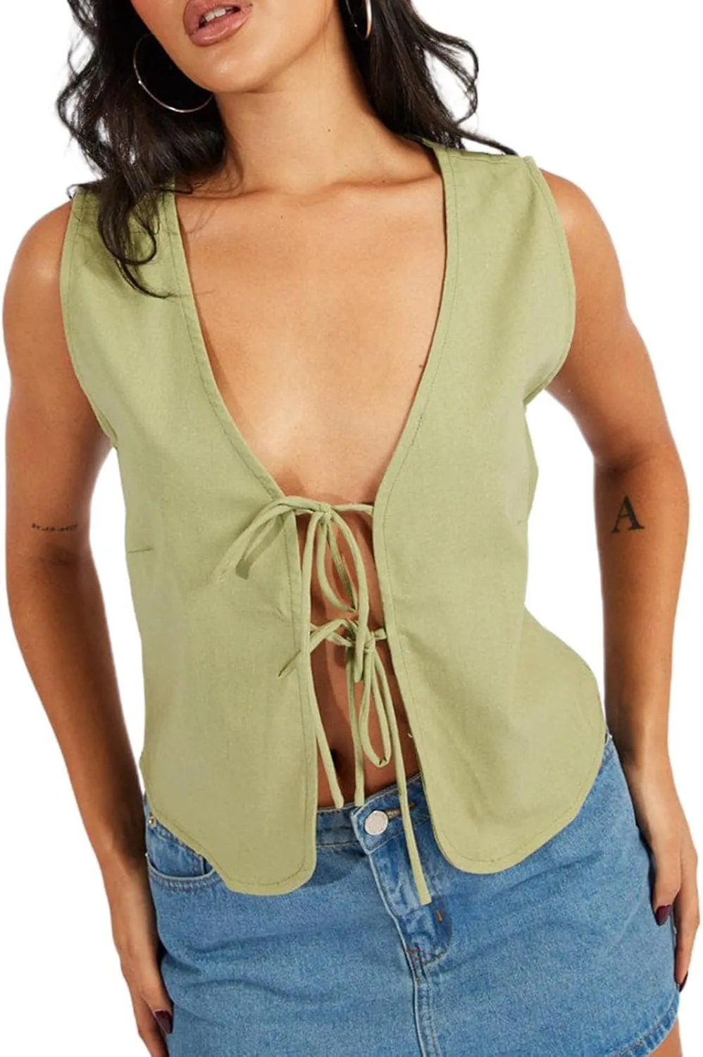 Y2k Front Tie Tank Tops for Women Sleeveless Slim Fit Ruffle Hem Crop Top Cute Summer Going Out Peplum Vest
