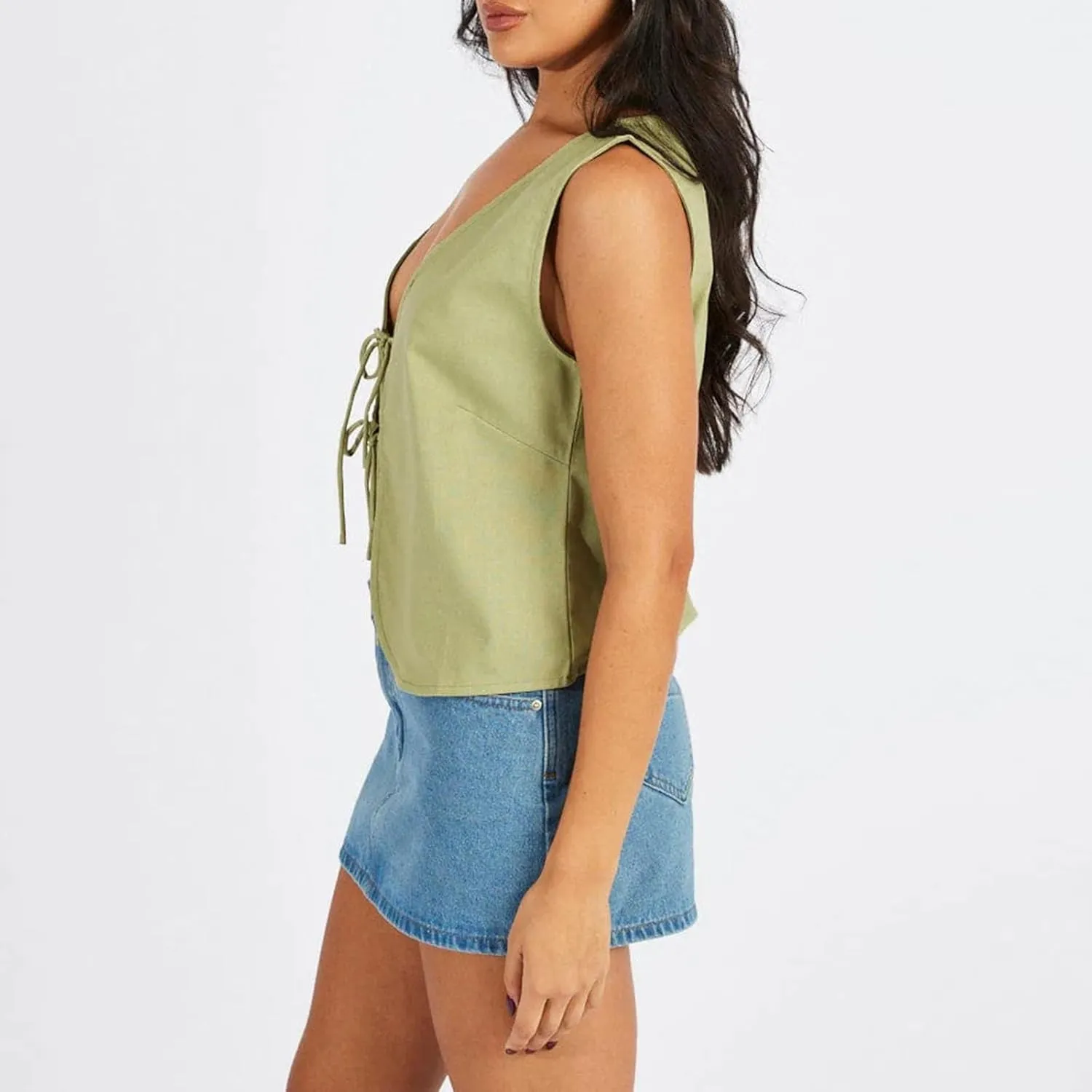 Y2k Front Tie Tank Tops for Women Sleeveless Slim Fit Ruffle Hem Crop Top Cute Summer Going Out Peplum Vest