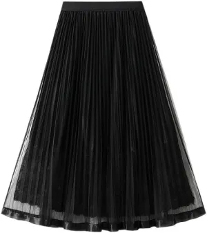 Yarn Skirt Half Length Skirt Women's New Pleated Skirt Spring and Autumn Midi Black Lace A-line Mesh Skirt Korean Skirt