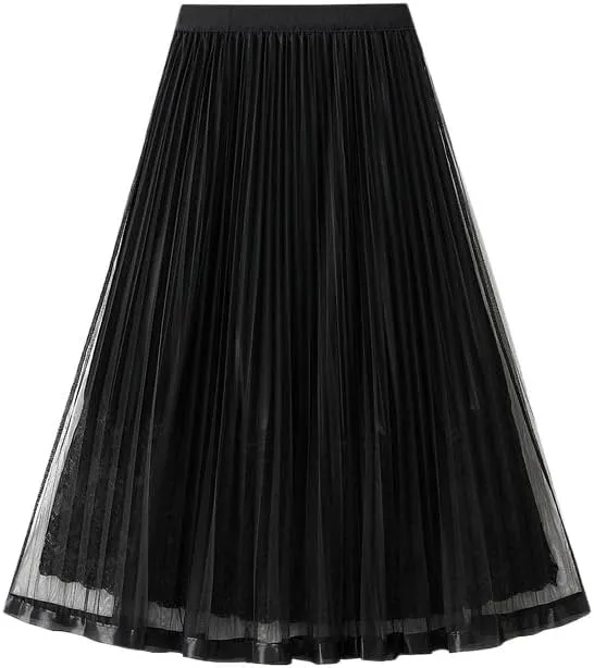 Yarn Skirt Half Length Skirt Women's New Pleated Skirt Spring and Autumn Midi Black Lace A-line Mesh Skirt Korean Skirt