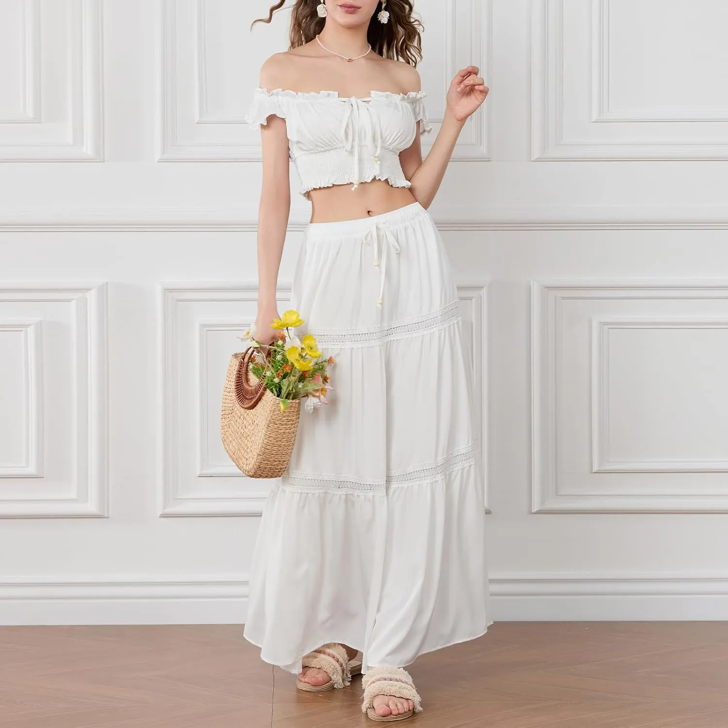 Yoawdats Women Y2k 2 Piece Outfits Off Shoulder Front Tie-Up Camisoles and Ruched Ruffle Maxi Skirt Matching Sets Beachwear