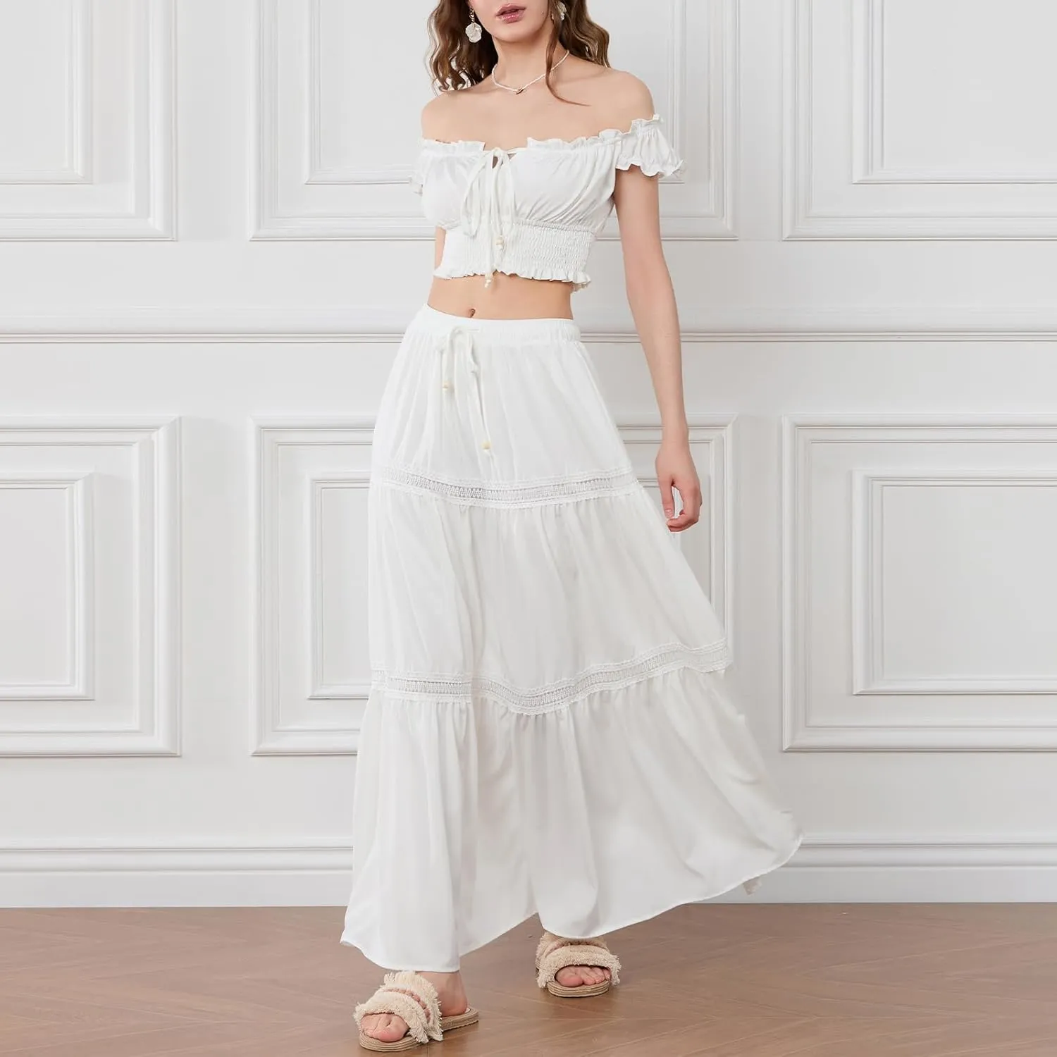 Yoawdats Women Y2k 2 Piece Outfits Off Shoulder Front Tie-Up Camisoles and Ruched Ruffle Maxi Skirt Matching Sets Beachwear