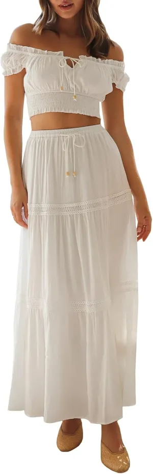 Yoawdats Women Y2k 2 Piece Outfits Off Shoulder Front Tie-Up Camisoles and Ruched Ruffle Maxi Skirt Matching Sets Beachwear