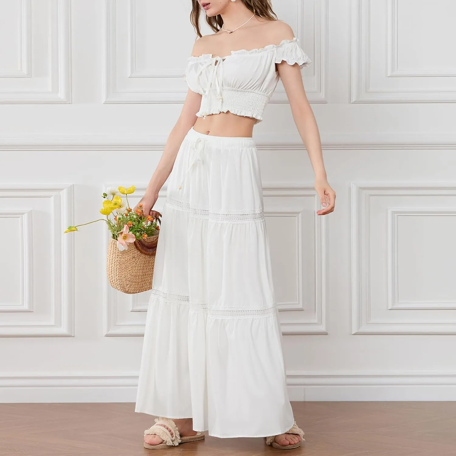 Yoawdats Women Y2k 2 Piece Outfits Off Shoulder Front Tie-Up Camisoles and Ruched Ruffle Maxi Skirt Matching Sets Beachwear
