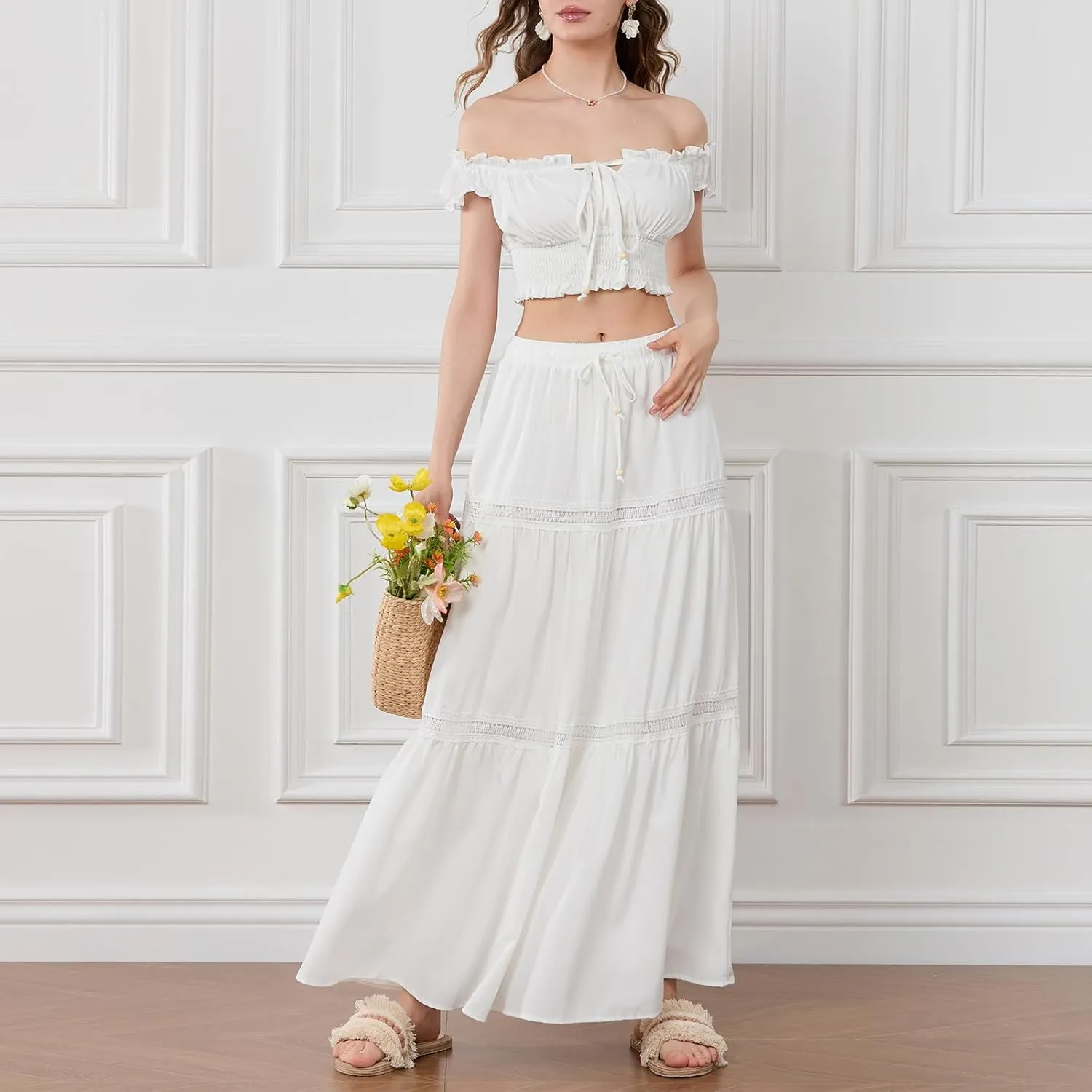 Yoawdats Women Y2k 2 Piece Outfits Off Shoulder Front Tie-Up Camisoles and Ruched Ruffle Maxi Skirt Matching Sets Beachwear