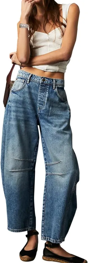 ZOCANIA Barrel Jeans Women Casual Baggy Jeans Loose Harem Pants Mid Rise Denim Cropped Trousers with Pockets