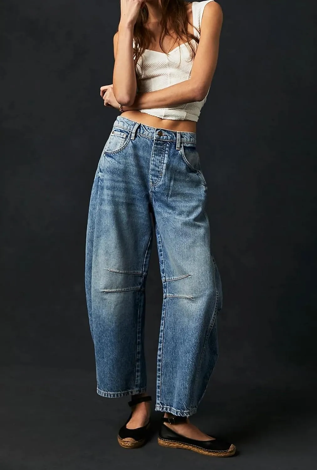 ZOCANIA Barrel Jeans Women Casual Baggy Jeans Loose Harem Pants Mid Rise Denim Cropped Trousers with Pockets