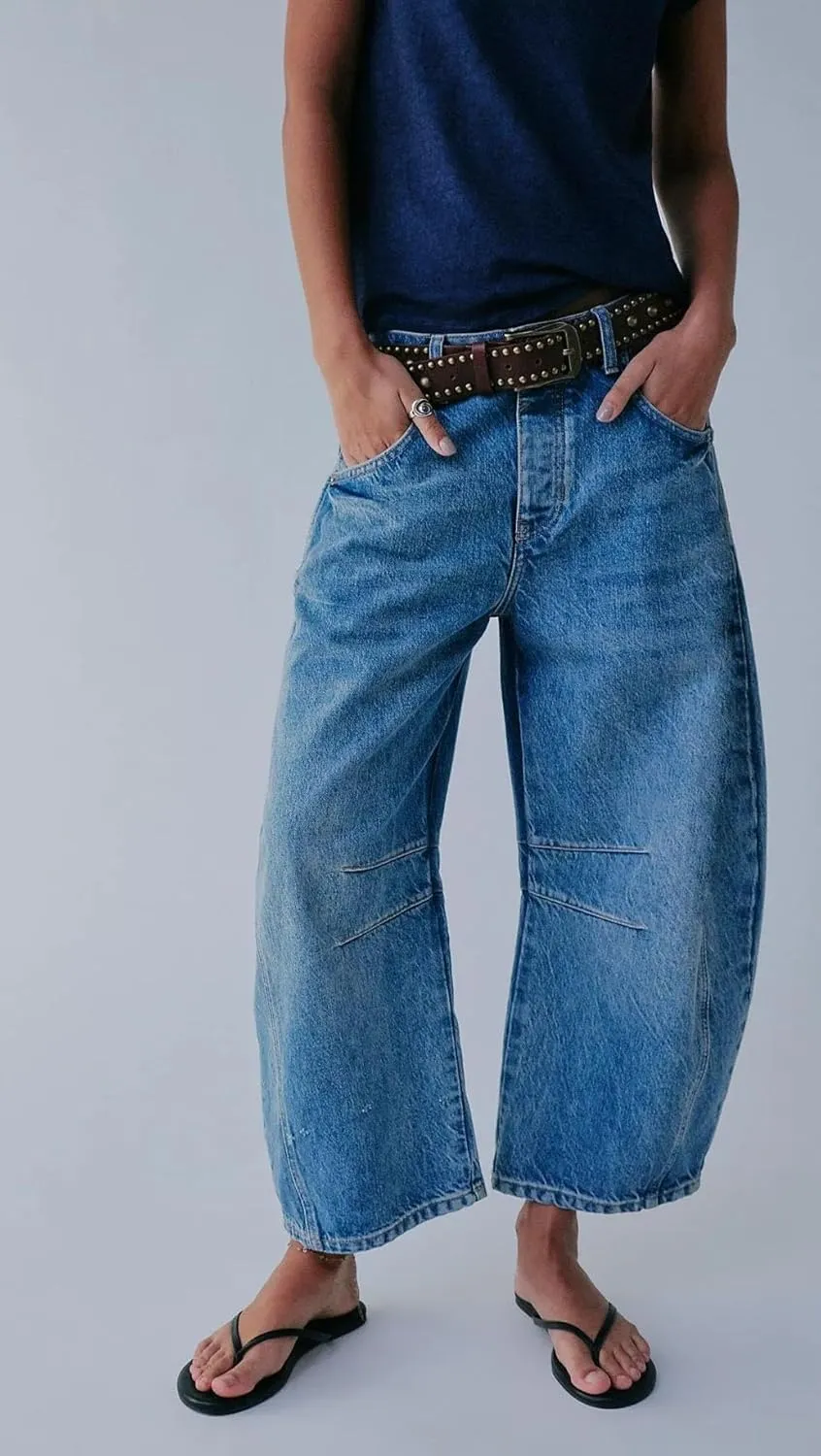 ZOCANIA Barrel Jeans Women Casual Baggy Jeans Loose Harem Pants Mid Rise Denim Cropped Trousers with Pockets