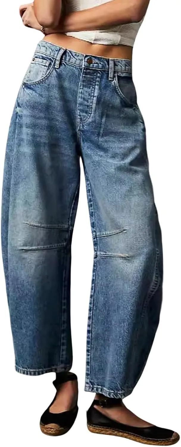 ZOCANIA Women Barrel Jean Pants Wide Leg Baggy Boyfriend Denim Trousers Mid Rise Wide Leg Harem Pants Ankle Pants Casual Loose Fall Trousers Pants